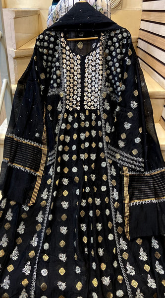 Mul Chanderi A-line Kurta Set with Pearl & Mukaish Embroidery
