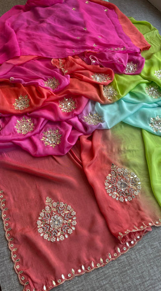Elegant Zardozi & Pearl Embellished Chinon Crepe Saree
