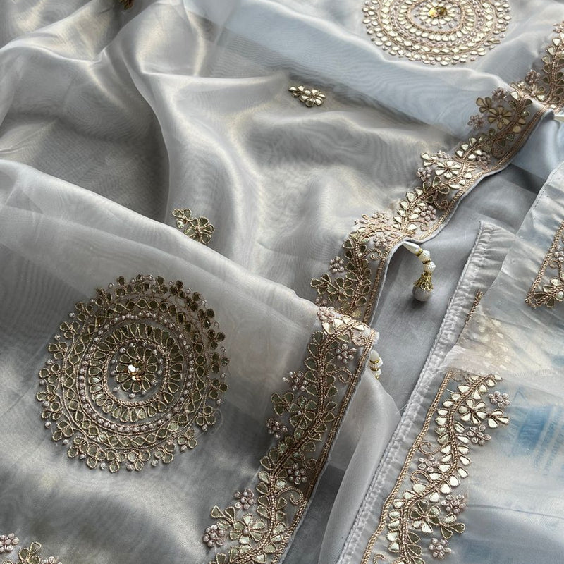 Soft Tissue Silk Saree with Gotapatti, Zardozi & Pearl Embellishments