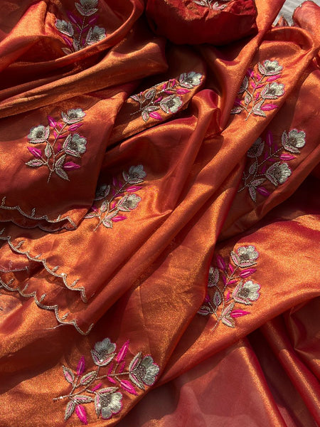 Handloom Zari Tissue Silk Saree with Zardozi, Pearl & Sequins Work