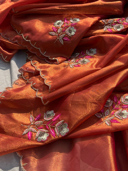 Handloom Zari Tissue Silk Saree with Zardozi, Pearl & Sequins Work