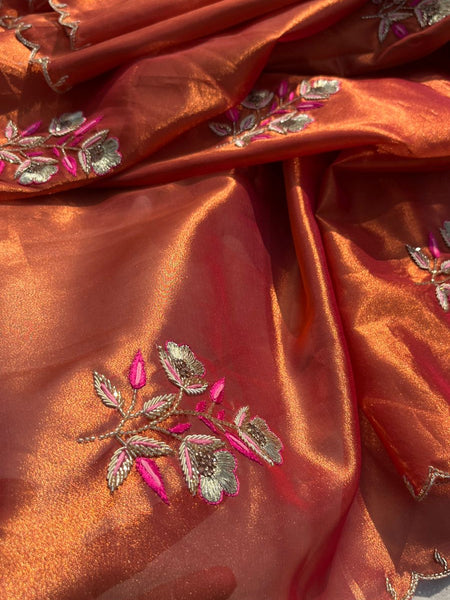 Handloom Zari Tissue Silk Saree with Zardozi, Pearl & Sequins Work