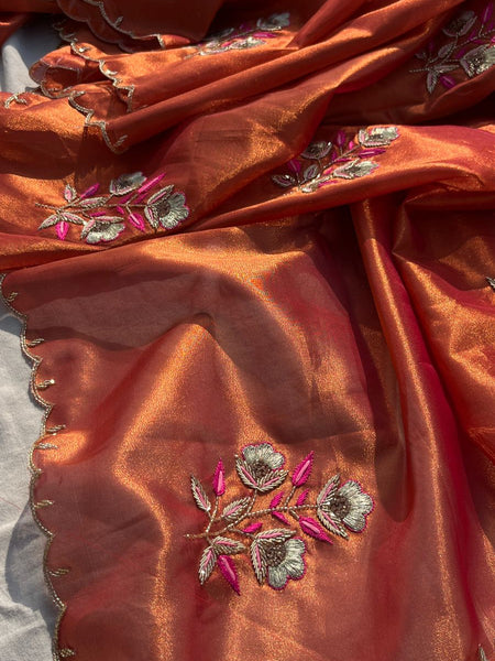 Handloom Zari Tissue Silk Saree with Zardozi, Pearl & Sequins Work