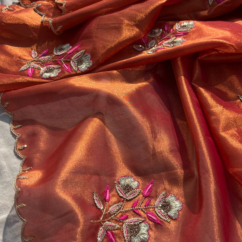 Handloom Zari Tissue Silk Saree with Zardozi, Pearl & Sequins Work