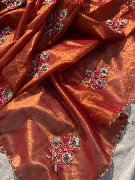 Handloom Zari Tissue Silk Saree with Zardozi, Pearl & Sequins Work
