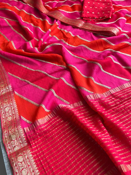 Elegant Pure Chinon Crepe Saree with Banarasi Weaving