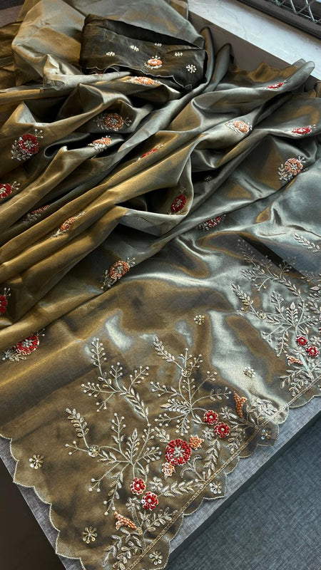Handloom Zari Tissue Silk Saree with Zardozi, Sequins & Pearl Work