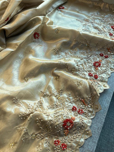 Handloom Zari Tissue Silk Saree with Zardozi, Sequins & Pearl Work