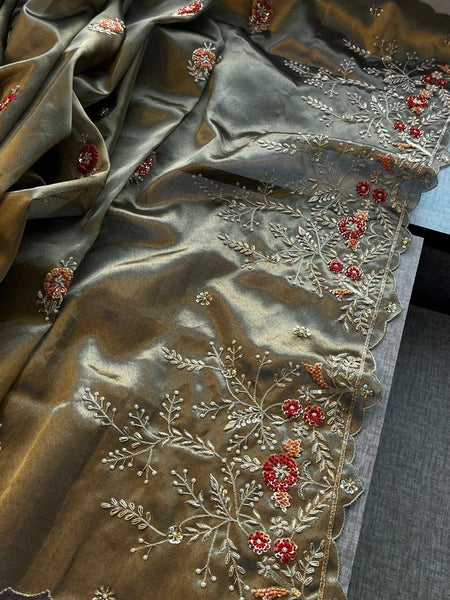 Handloom Zari Tissue Silk Saree with Zardozi, Sequins & Pearl Work