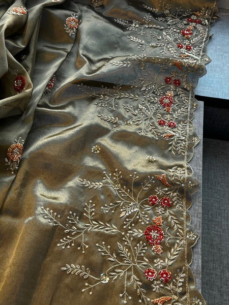 Handloom Zari Tissue Silk Saree with Zardozi, Sequins & Pearl Work
