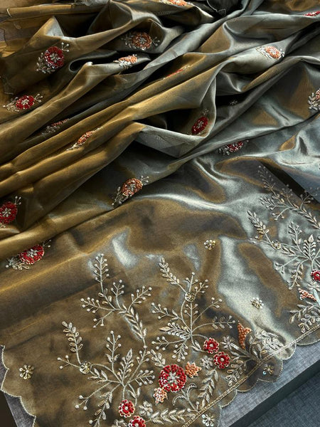 Handloom Zari Tissue Silk Saree with Zardozi, Sequins & Pearl Work