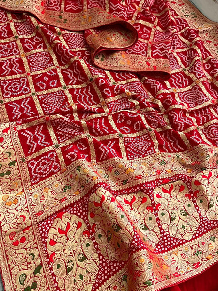 Pure Khaddi Georgette Saree with Bandhani & Meena Banarasi Weaving