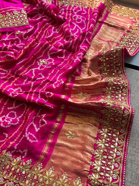 Gajji Silk Handcrafted Bandhani Saree with Zardozi, Gotapatti & Pearl Embellishments