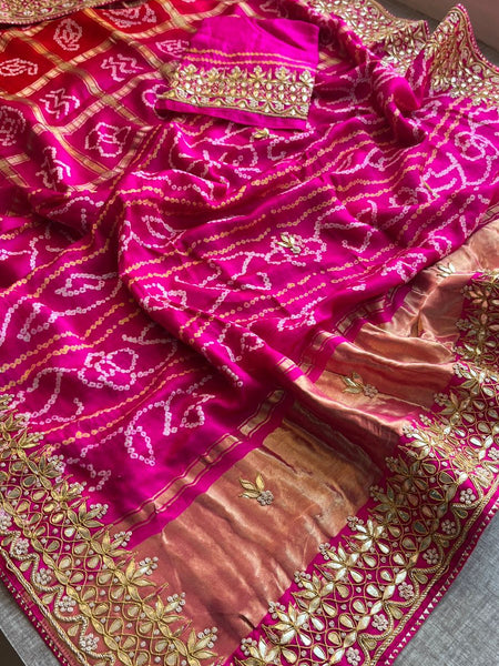 Gajji Silk Handcrafted Bandhani Saree with Zardozi, Gotapatti & Pearl Embellishments