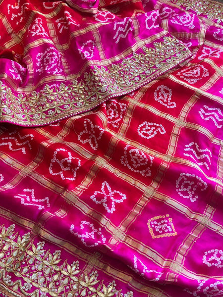 Gajji Silk Handcrafted Bandhani Saree with Zardozi, Gotapatti & Pearl Embellishments