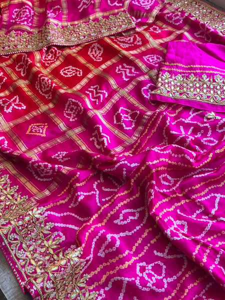Gajji Silk Handcrafted Bandhani Saree with Zardozi, Gotapatti & Pearl Embellishments