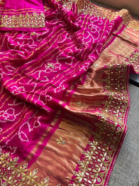 Gajji Silk Handcrafted Bandhani Saree with Zardozi, Gotapatti & Pearl Embellishments