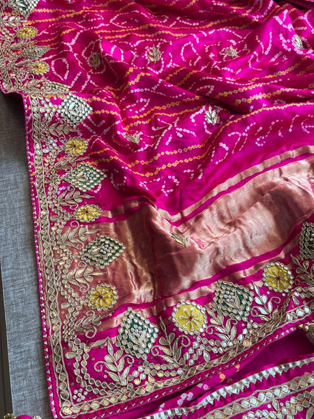 Pure Gajji Silk Handmade Bandhani Saree with Zardozi, Gotapatti & Pearl Detailing