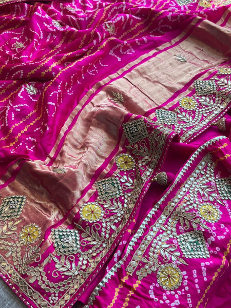 Pure Gajji Silk Handmade Bandhani Saree with Zardozi, Gotapatti & Pearl Detailing