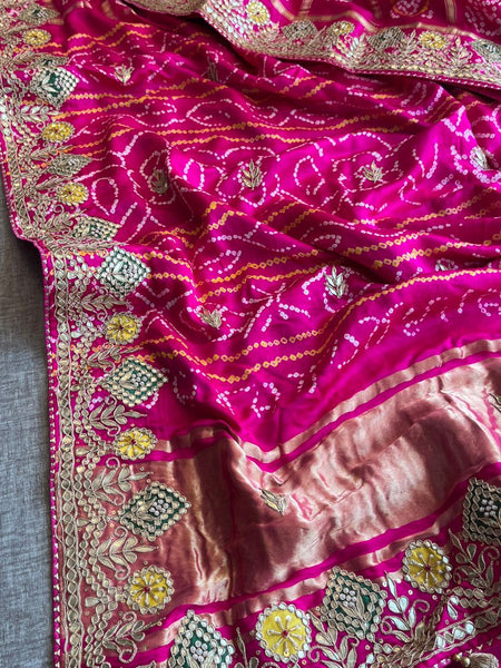 Pure Gajji Silk Handmade Bandhani Saree with Zardozi, Gotapatti & Pearl Detailing