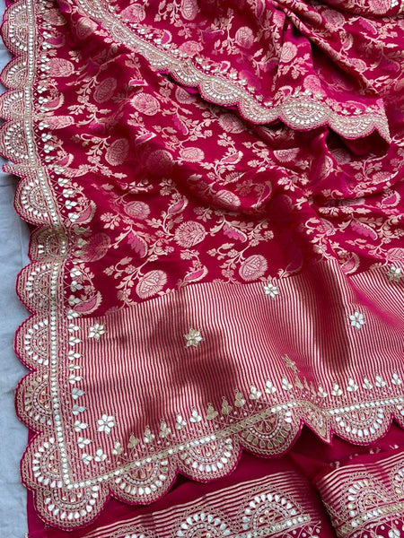 Pure Khaddi Georgette Banarasi Saree with Gotapatti, Zardozi & Pearl Embellishments