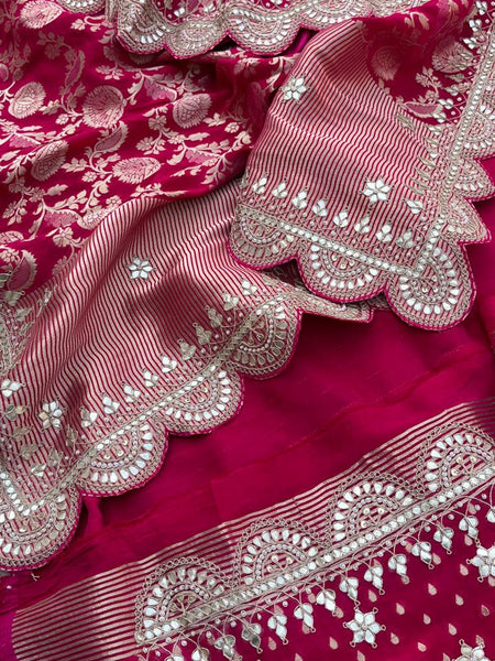 Pure Khaddi Georgette Banarasi Saree with Gotapatti, Zardozi & Pearl Embellishments