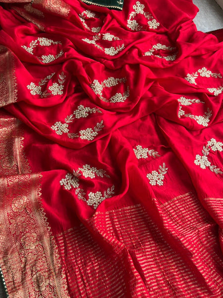 Pure Munga Silk Banarasi Saree with Zardozi, Kutdana & Pearl Work