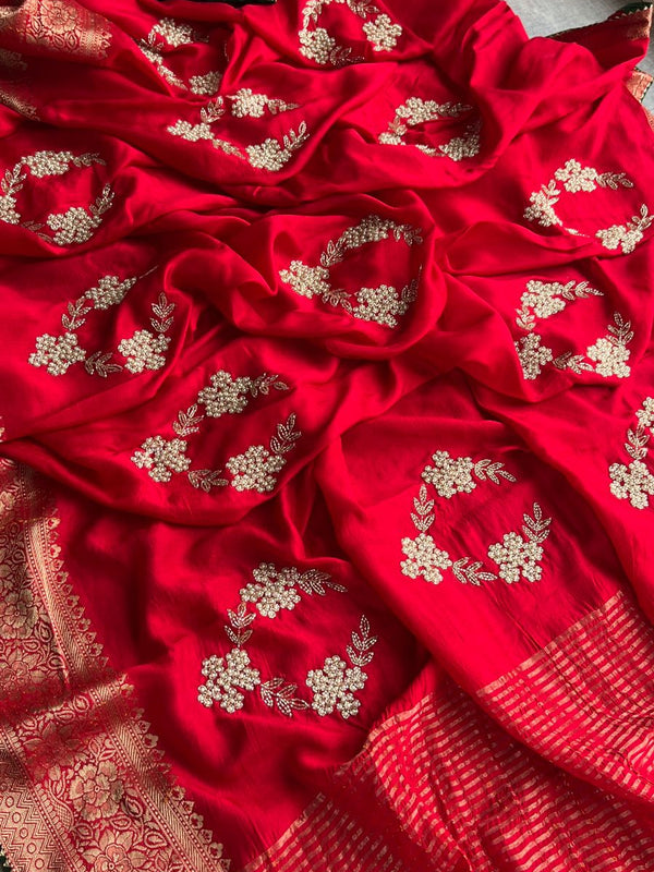 Pure Munga Silk Banarasi Saree with Zardozi, Kutdana & Pearl Work