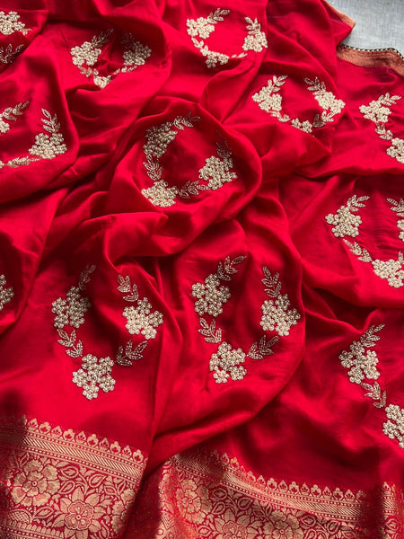 Pure Munga Silk Banarasi Saree with Zardozi, Kutdana & Pearl Work