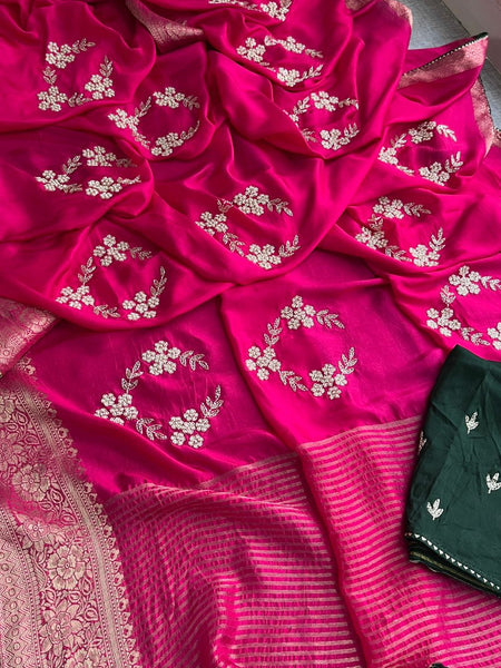 Pure Munga Silk Banarasi Saree with Zardozi, Kutdana & Pearl Work