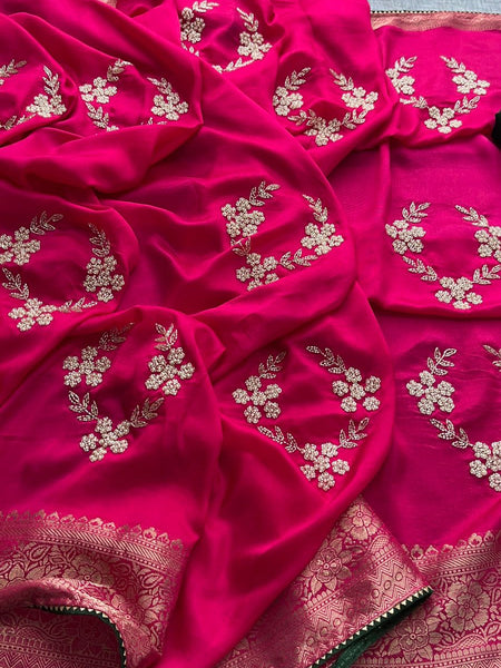 Pure Munga Silk Banarasi Saree with Zardozi, Kutdana & Pearl Work