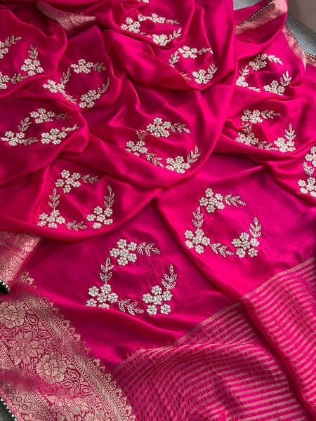 Pure Munga Silk Banarasi Saree with Zardozi, Kutdana & Pearl Work