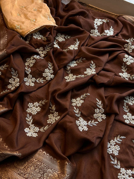 Pure Munga Silk Banarasi Saree with Zardozi, Kutdana & Pearl Work