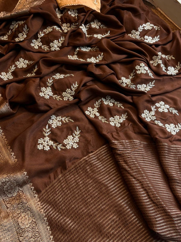 Pure Munga Silk Banarasi Saree with Zardozi, Kutdana & Pearl Work