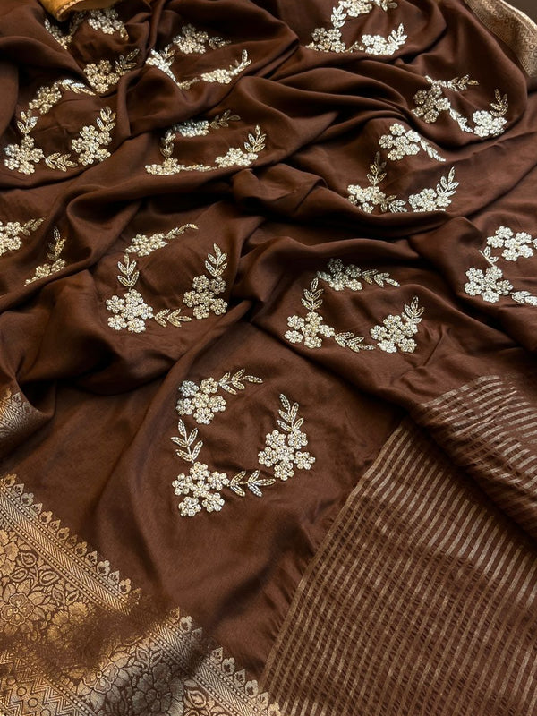Pure Munga Silk Banarasi Saree with Zardozi, Kutdana & Pearl Work
