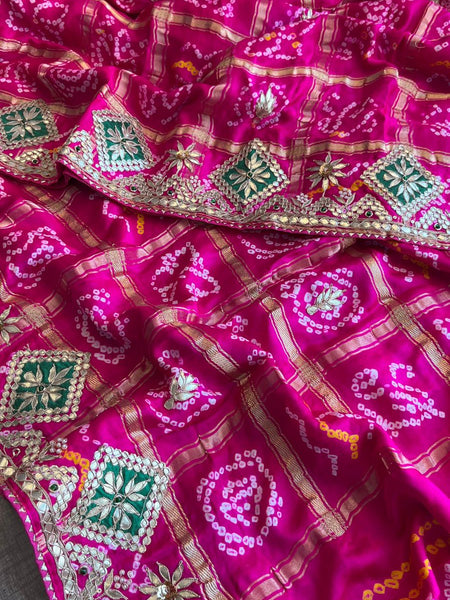 Pure Gajji Silk Handmade Bandhani Saree with Zardozi, Gotapatti & Pearl Embellishments