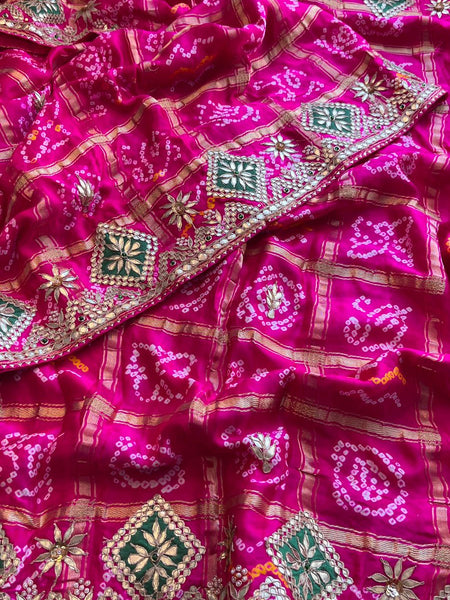 Pure Gajji Silk Handmade Bandhani Saree with Zardozi, Gotapatti & Pearl Embellishments