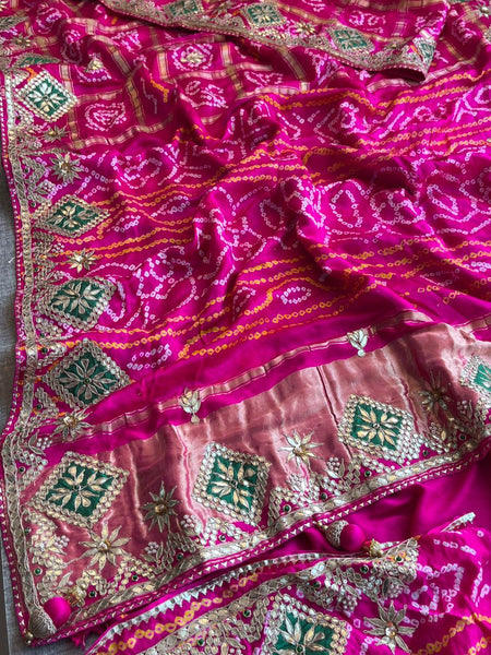 Pure Gajji Silk Handmade Bandhani Saree with Zardozi, Gotapatti & Pearl Embellishments