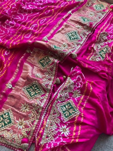 Pure Gajji Silk Handmade Bandhani Saree with Zardozi, Gotapatti & Pearl Embellishments