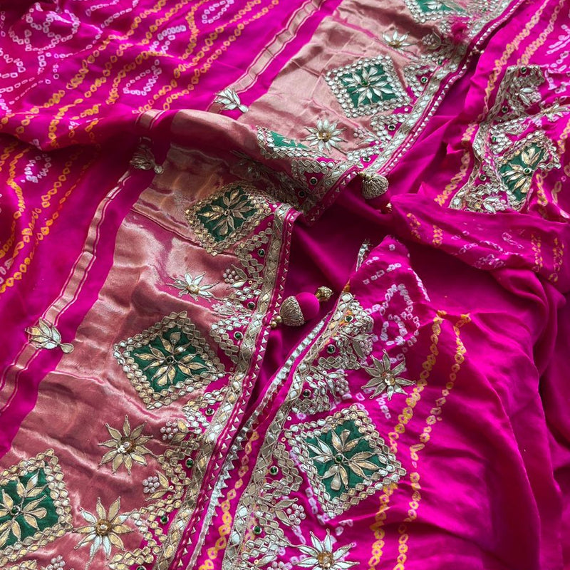 Pure Gajji Silk Handmade Bandhani Saree with Zardozi, Gotapatti & Pearl Embellishments