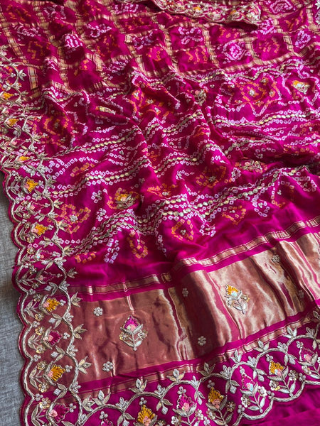 Pure Gajji Silk Handmade Bandhani Saree with Zardozi, Gotapatti & Pearl Detailing