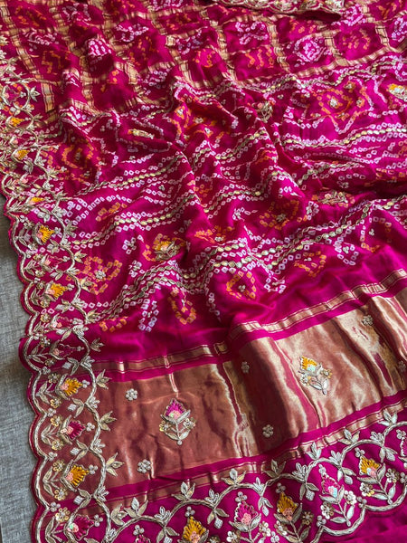 Pure Gajji Silk Handmade Bandhani Saree with Zardozi, Gotapatti & Pearl Detailing