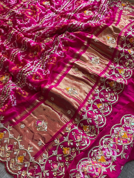 Pure Gajji Silk Handmade Bandhani Saree with Zardozi, Gotapatti & Pearl Detailing