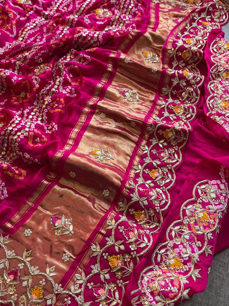Pure Gajji Silk Handmade Bandhani Saree with Zardozi, Gotapatti & Pearl Detailing