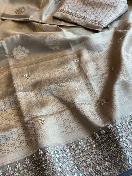 Pure Soft Tissue Handloom Banarasi Saree with Zardozi, Gotapatti & Pearl Work