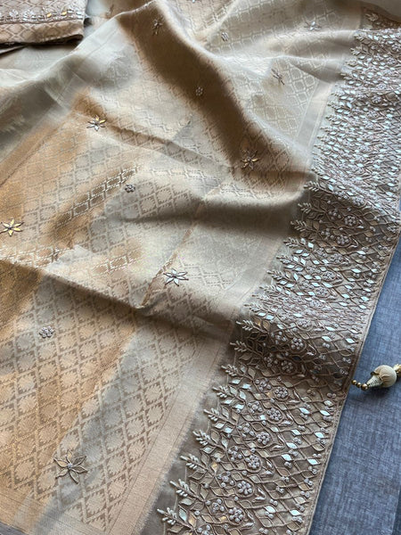 Pure Soft Tissue Handloom Banarasi Saree with Zardozi, Gotapatti & Pearl Work