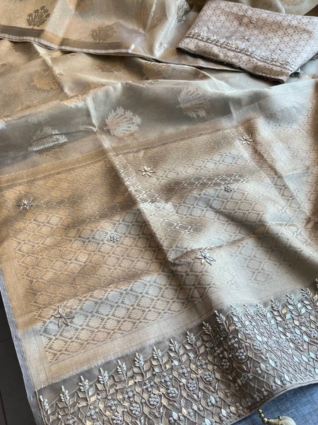 Pure Soft Tissue Handloom Banarasi Saree with Zardozi, Gotapatti & Pearl Work