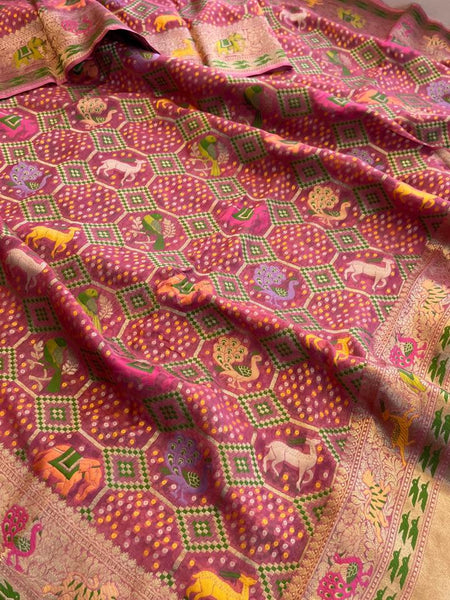 Pure Heavy Khaddi Georgette Saree with Bandhani & Meena Banarasi Weaving