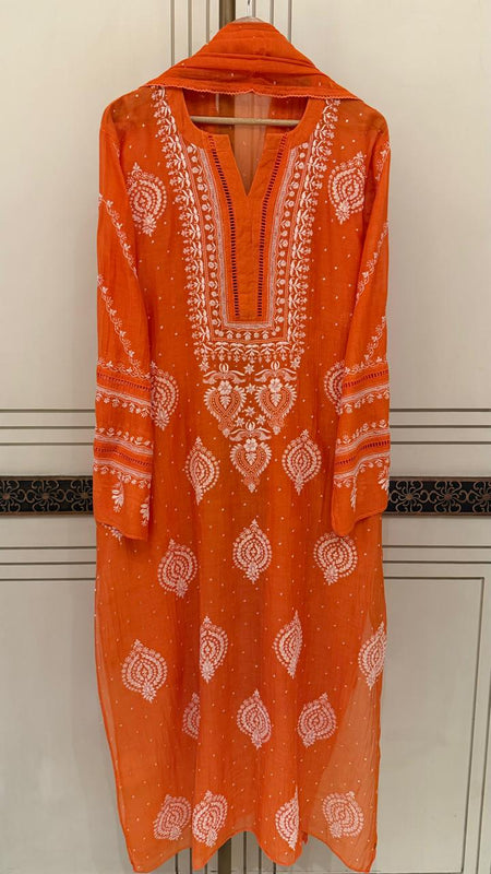 Luxurious Mul Chanderi Kurta Dupatta Set with Pearl & Katdana Embellishments
