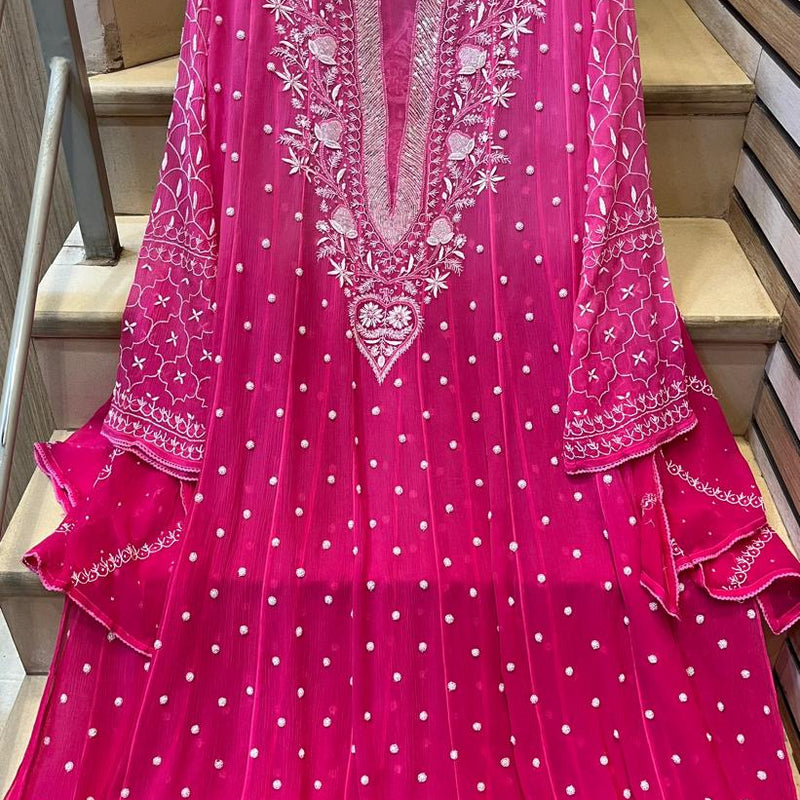 Pure Chiffon Anarkali Kurta Dupatta Set with Pearl & Katdana Embellishments